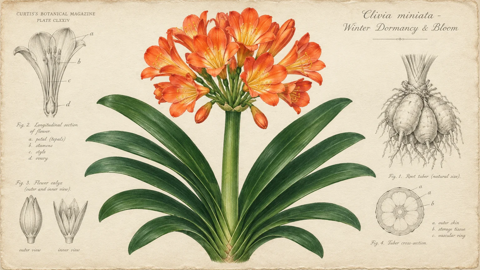 Vintage botanical illustration of blooming orange Clivia miniata with anatomical diagrams of flowers and root tubers.