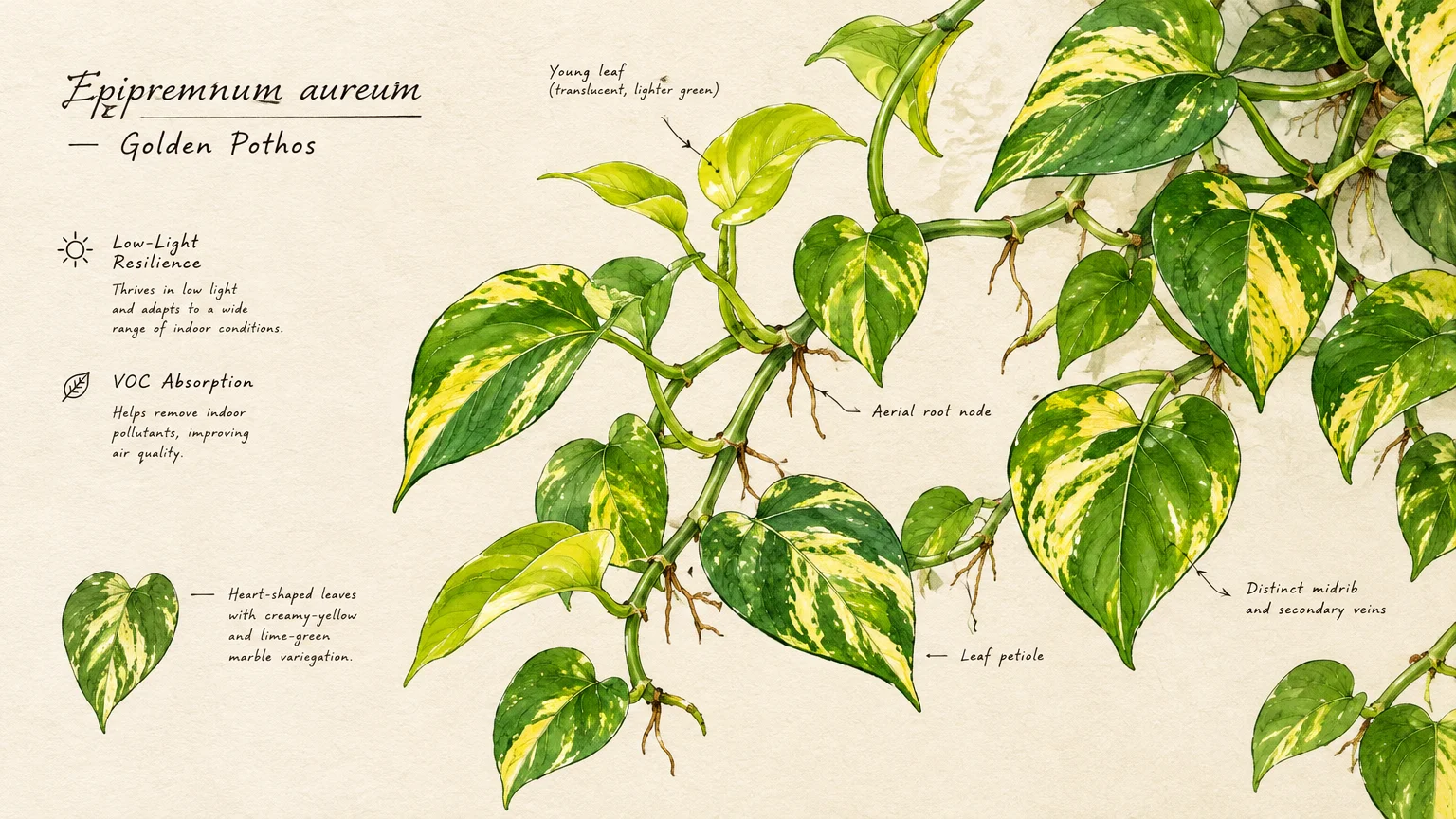 Botanical illustration of a trailing golden pothos vine with labeled variegated heart-shaped leaves and aerial root nodes.
