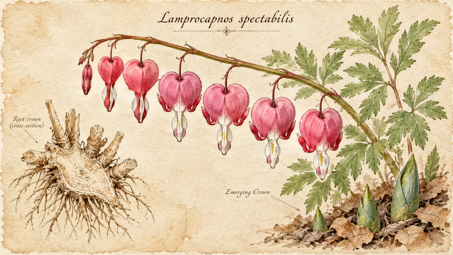 Botanical illustration of Lamprocapnos spectabilis showing pink flowers, leaves, emerging shoots, and a root crown diagram.