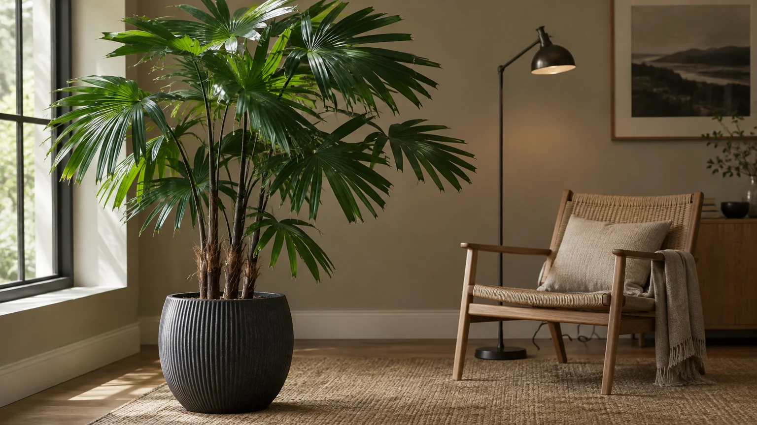 Potted lady palm with fan-shaped leaves next to a window, woven armchair, and floor lamp in a neutral living room.