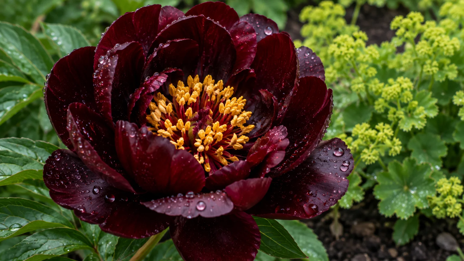 Close-up of a deep maroon semi-double peony with bright yellow stamens and water droplets on the petals.