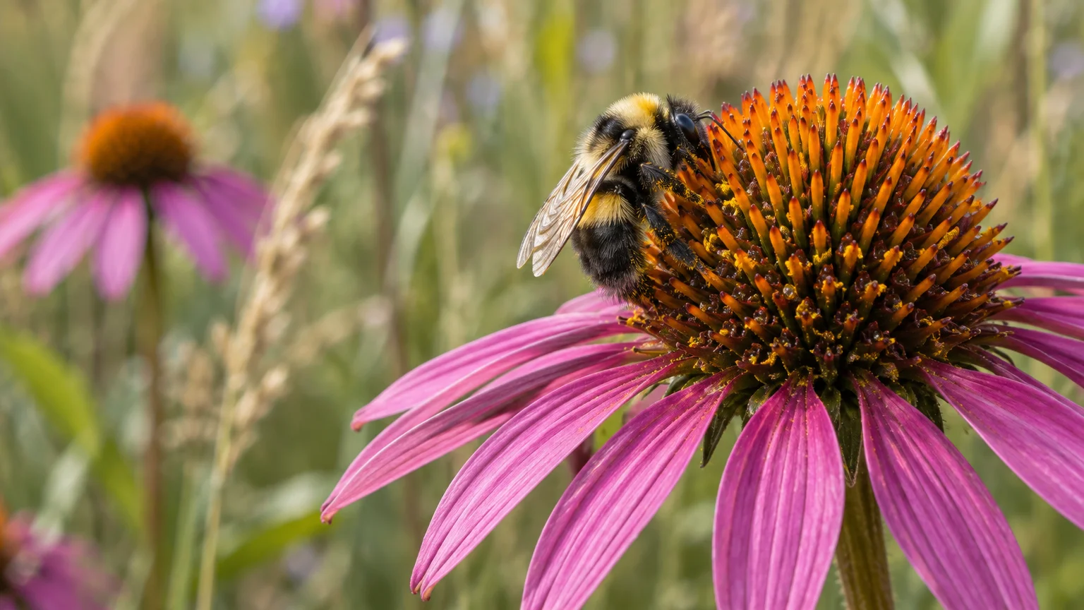 A bumblebee rests on the spiky orange cone of a purple coneflower with magenta petals.