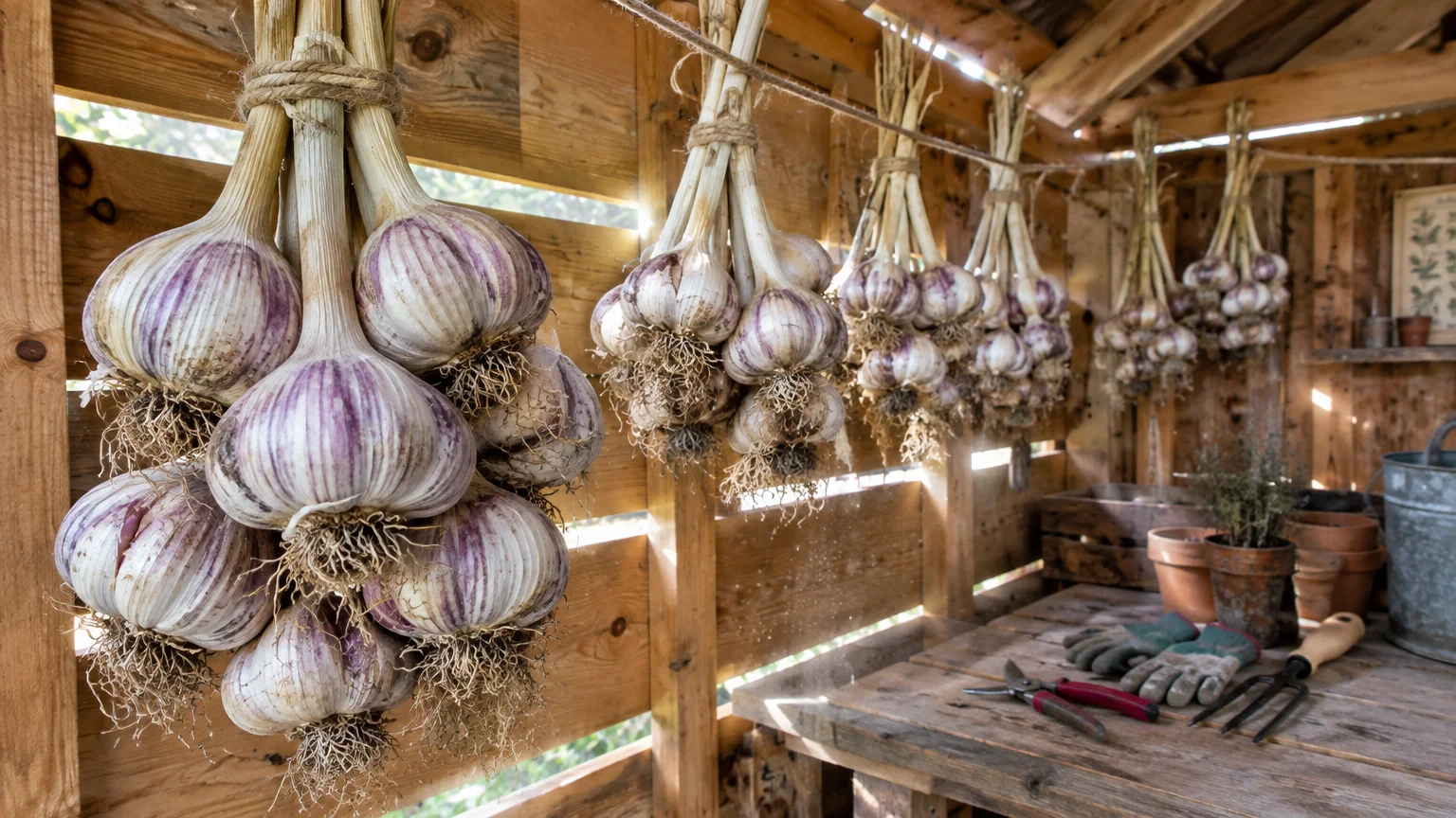 Bunches of purple-striped garlic bulbs hanging to dry from twine along the wooden wall of a garden shed.
