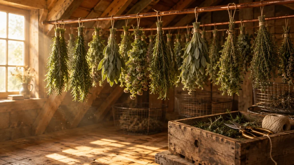 Bundles of rosemary, sage, and thyme hanging upside down to dry from a rod in a sunlit rustic wooden room.