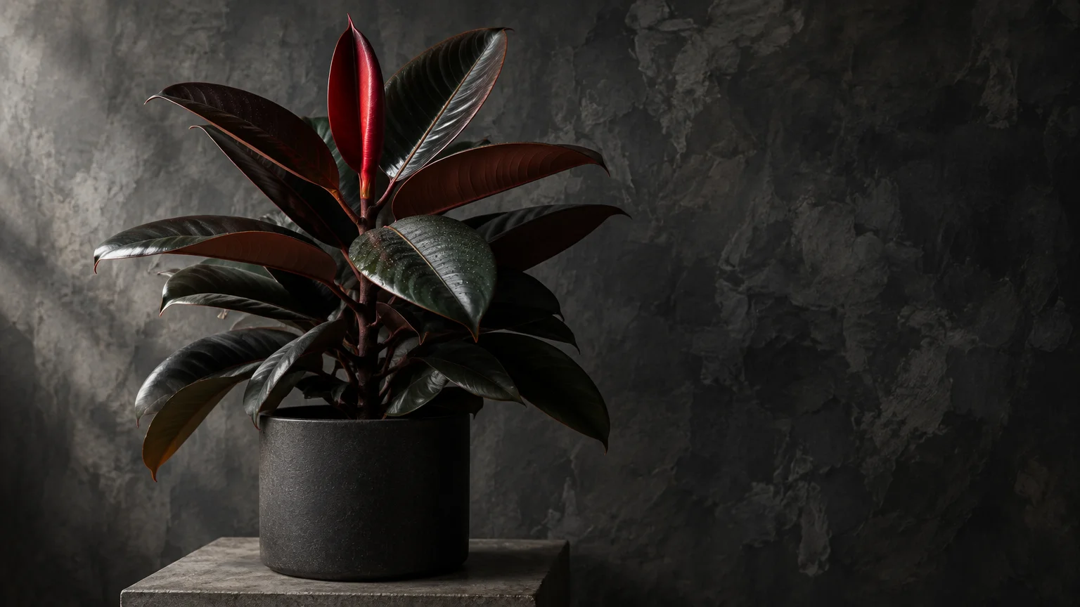 Potted rubber plant with dark green and burgundy leaves in a round black planter against a textured dark gray wall.