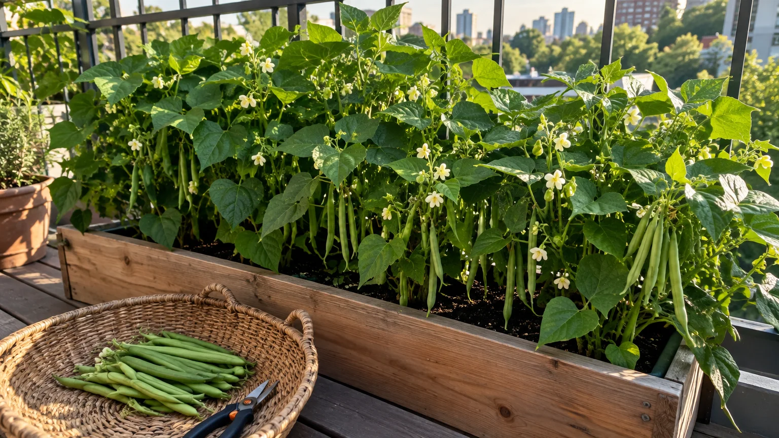 Green bean plants growing in a wooden balcony planter box next to a woven basket of harvested beans.