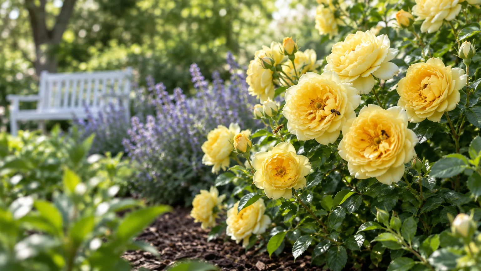 Blooming yellow roses grow in a garden bed near purple flowers and a white bench.