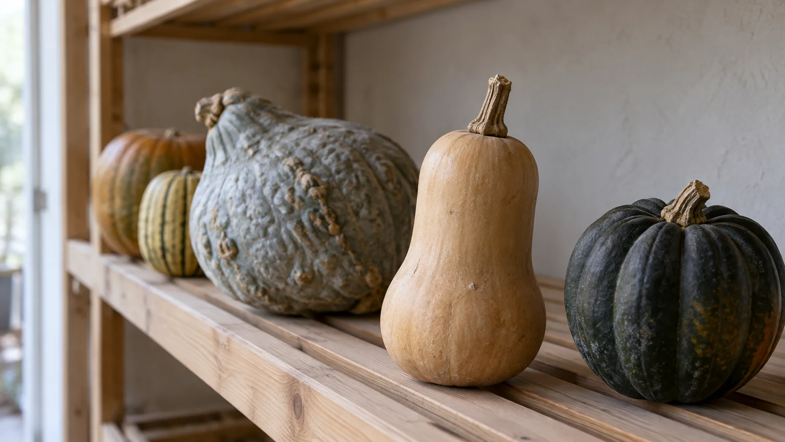 Various winter squashes, including butternut, acorn, and hubbard varieties, arranged on a wooden slatted storage shelf.