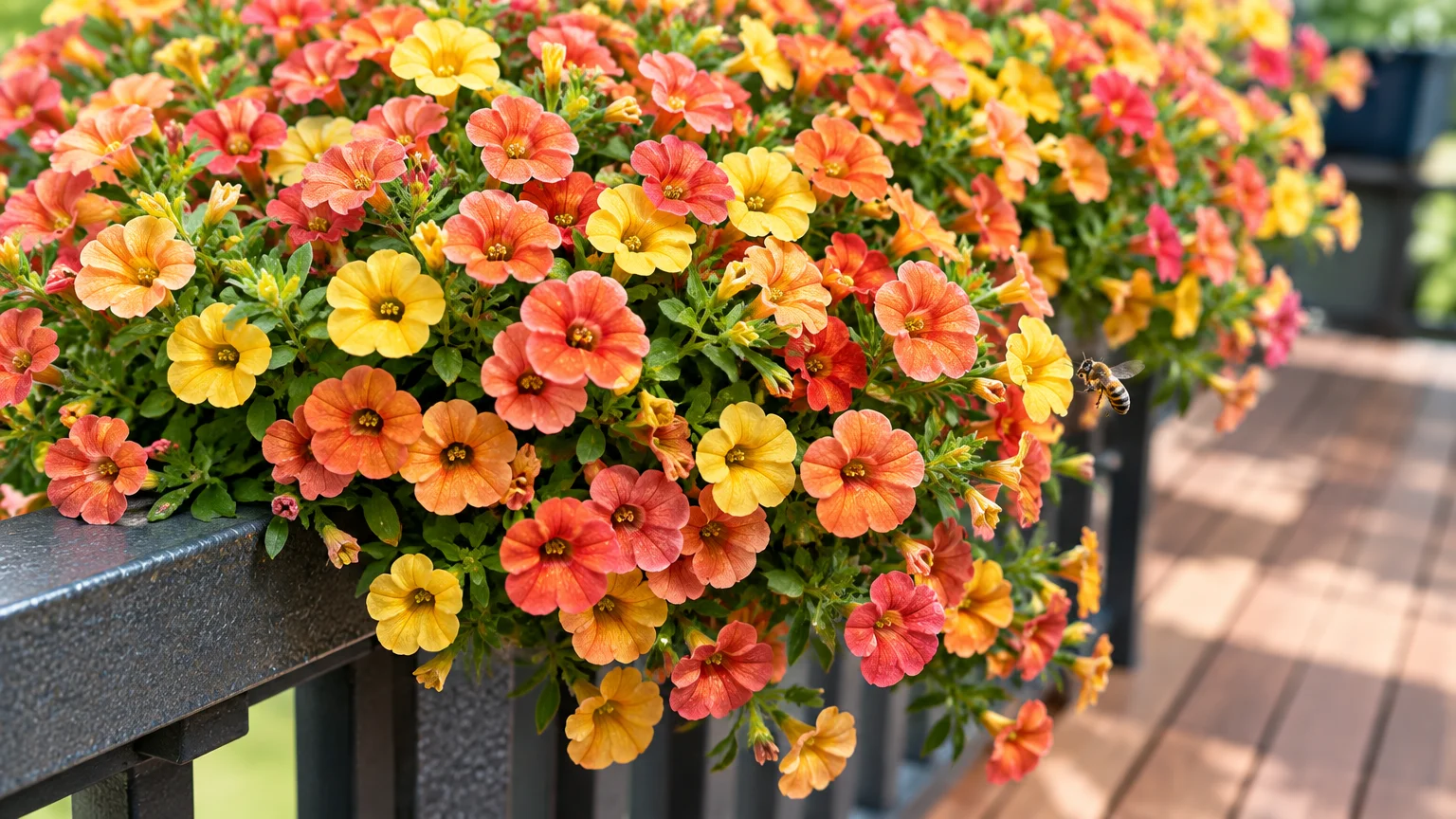 Prolific orange and yellow calibrachoa flowers cascading from a dark balcony railing planter, with a bee hovering nearby.