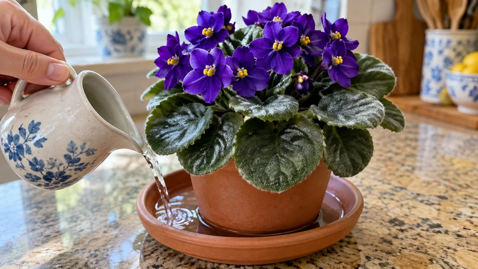 Water poured from a ceramic pitcher into the saucer beneath a blooming purple African violet in a terracotta pot.
