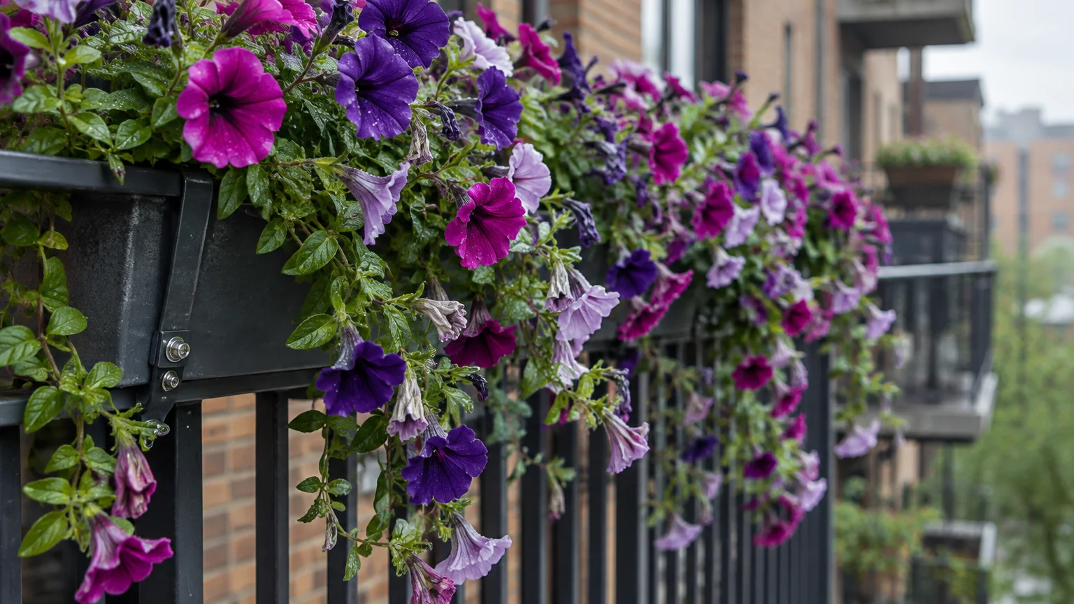 Purple and magenta trailing petunias cascading over a black metal balcony railing in a planter box.