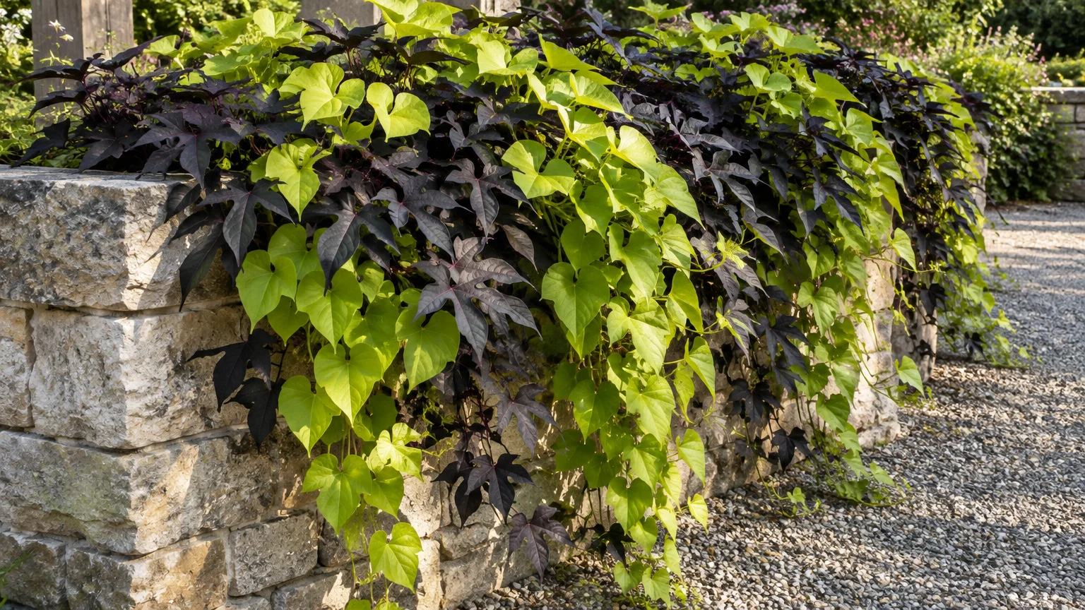 Chartreuse and dark purple sweet potato vines spill over a low stone retaining wall beside a gravel path.