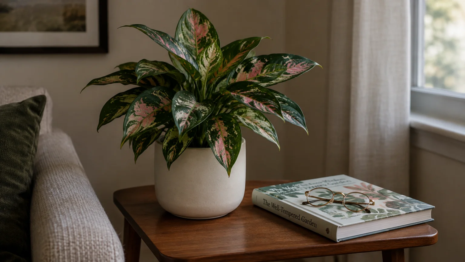 Potted Chinese evergreen with green and pink variegated leaves on a wooden side table next to a book and eyeglasses.