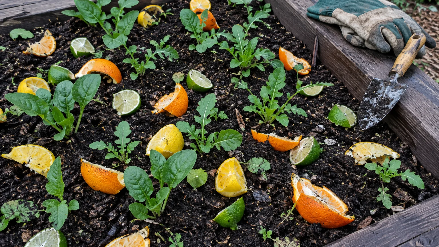 Fresh lemon, lime, and orange peels scattered across dark soil in a garden bed with young green seedlings.