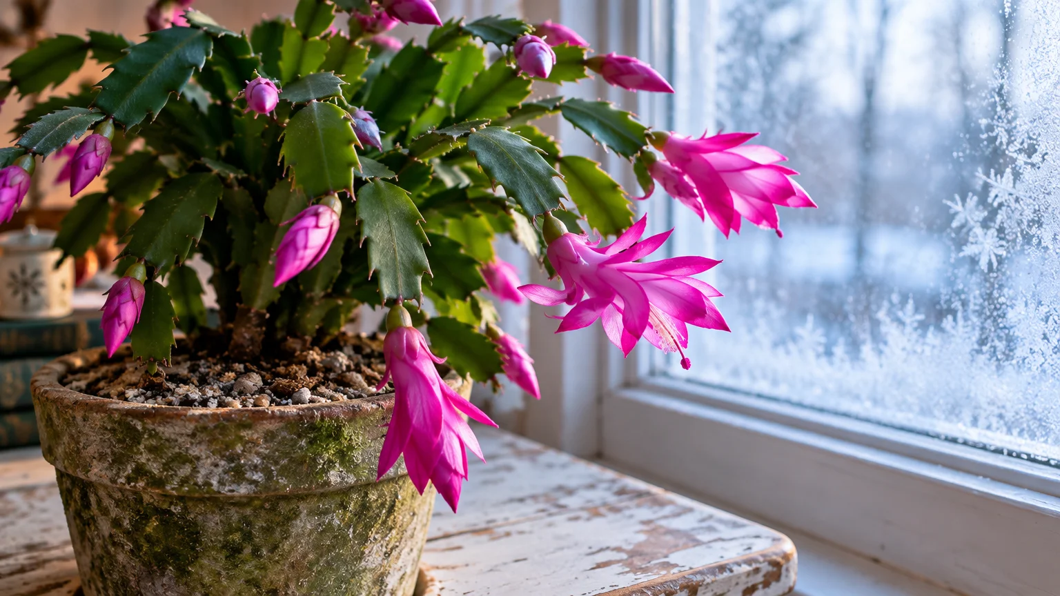 Pink Christmas cactus blooming in a weathered clay pot on a windowsill beside a frosted winter window.