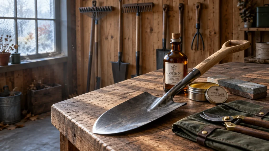 A metal shovel, linseed oil, beeswax, sharpening stone, and shears resting on a wooden workbench in a shed.