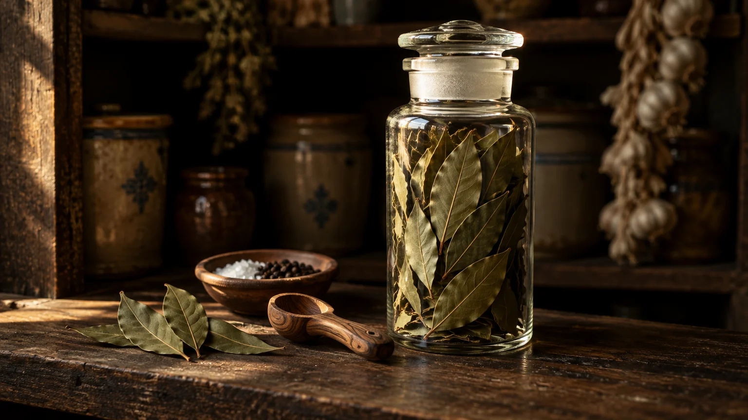 Dried bay leaves stored upright in a tall glass apothecary jar on a rustic wooden shelf next to a small wooden scoop.
