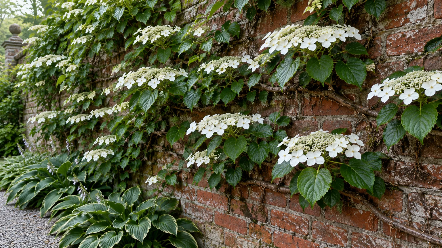White lacecap climbing hydrangea blooms and green leaves grow along an aged red brick wall above hosta plants.
