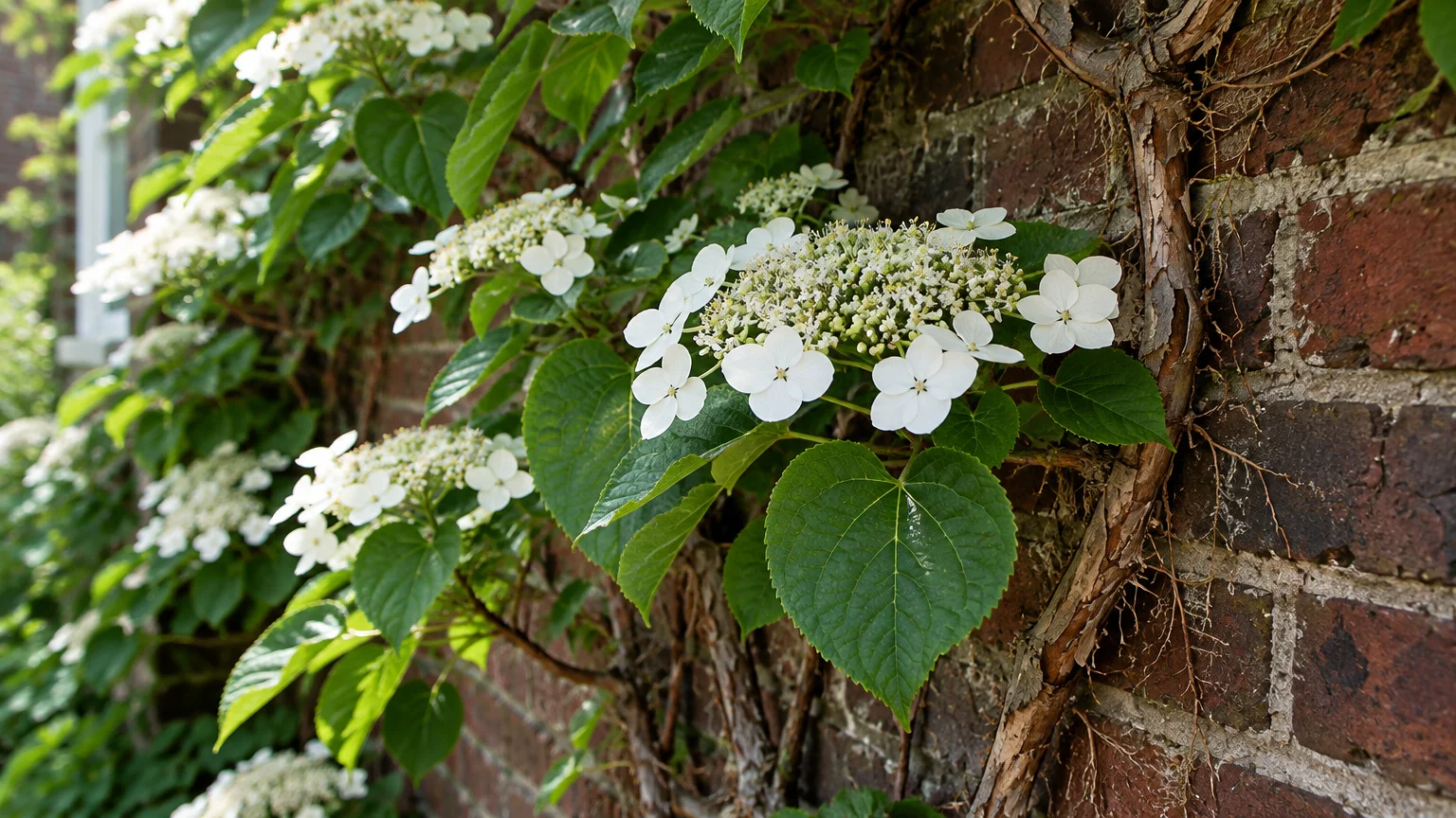White lacecap flowers and green leaves of climbing hydrangea growing on a weathered red brick wall.