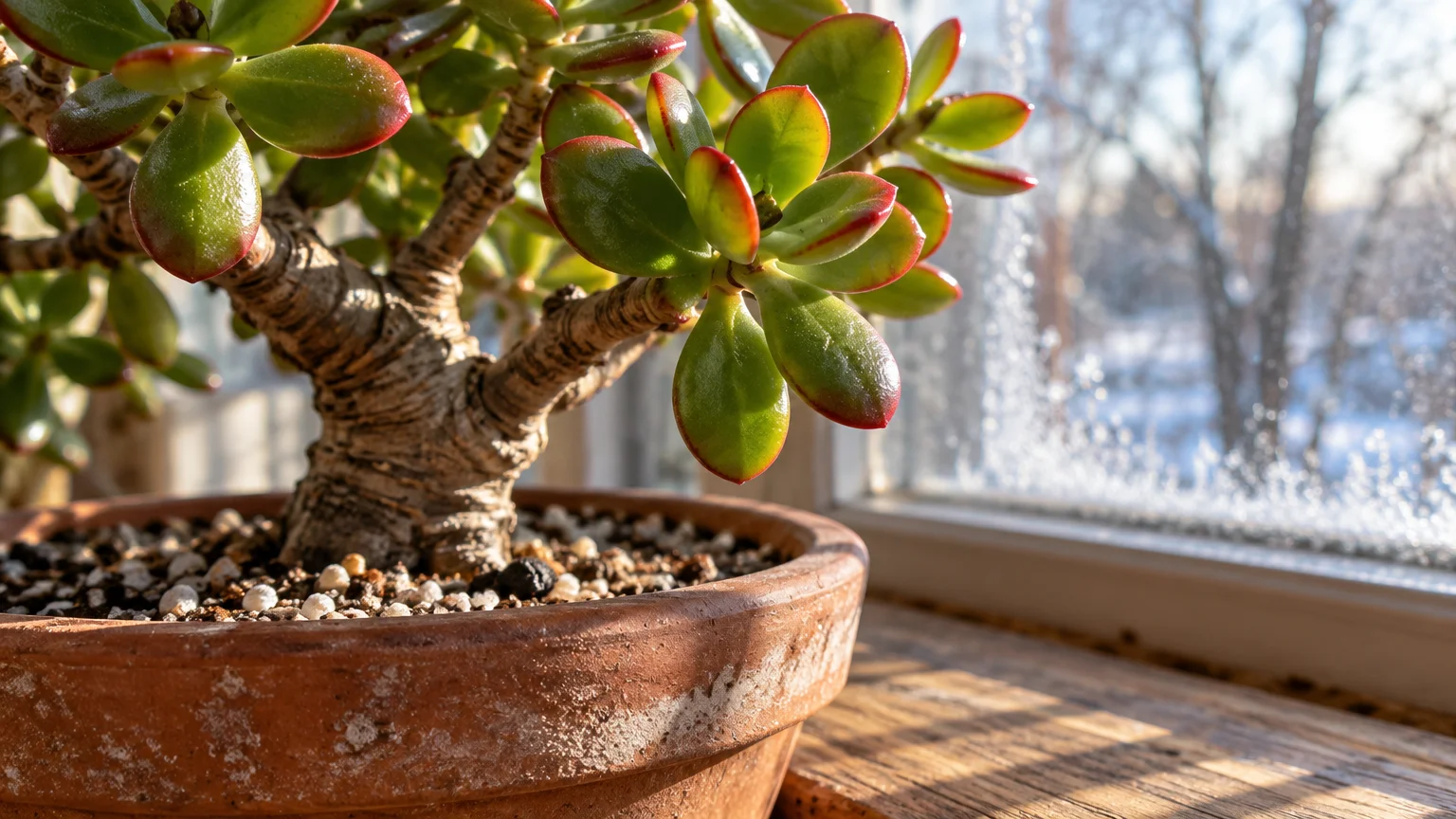 Jade plant in a terracotta pot on a sunny wooden windowsill, with frost on the window glass in winter.