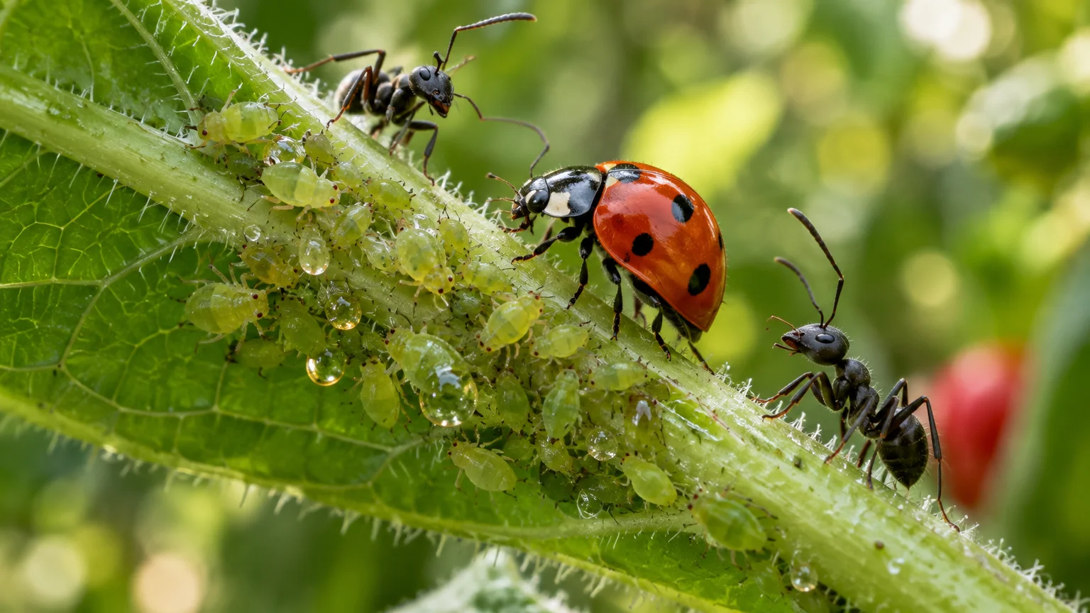 A ladybug and two black ants walk among tiny green aphids and honeydew drops on a hairy plant stem.
