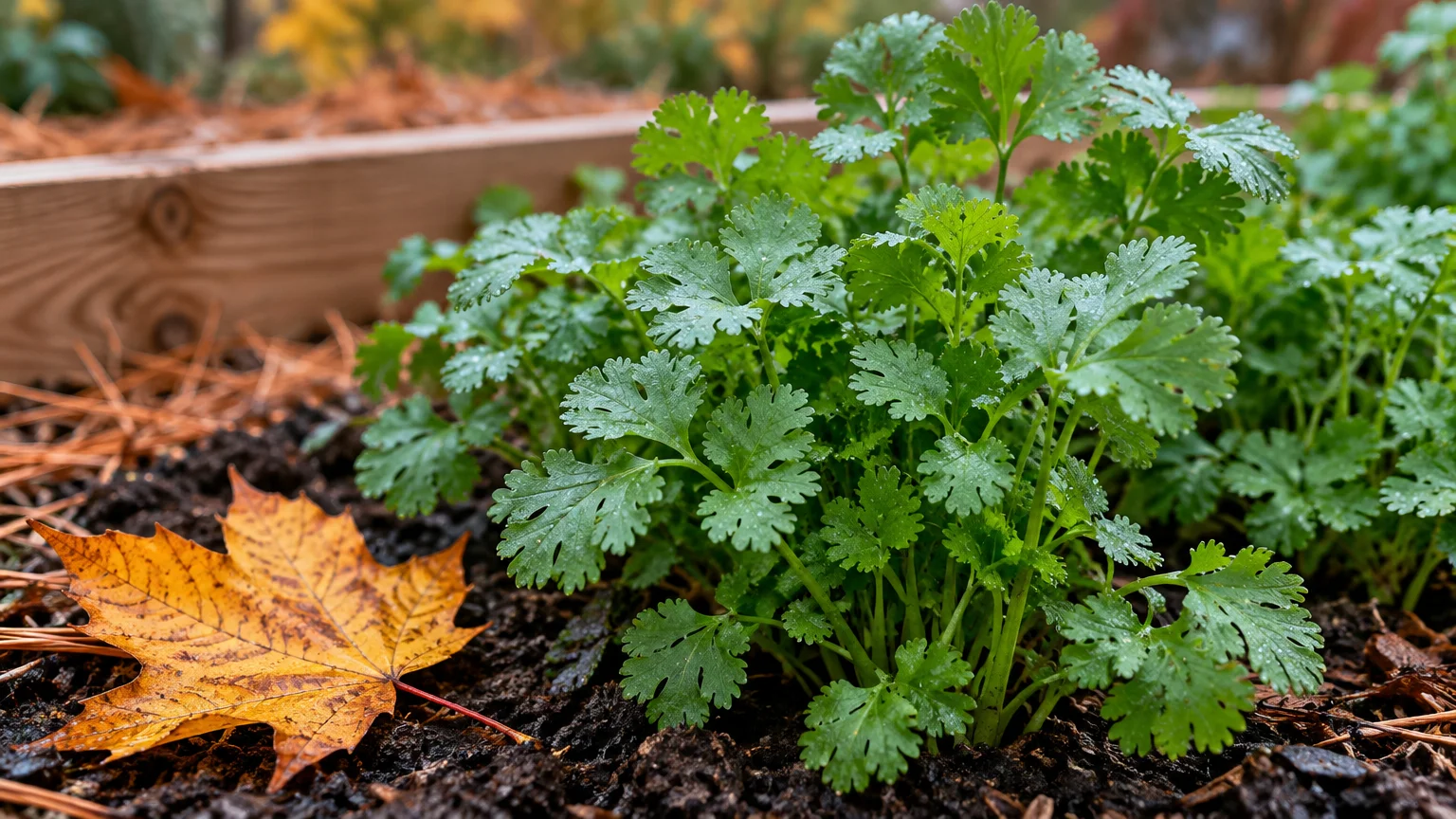 Fresh green cilantro growing in dark garden soil next to a fallen yellow autumn leaf and a wooden raised bed.