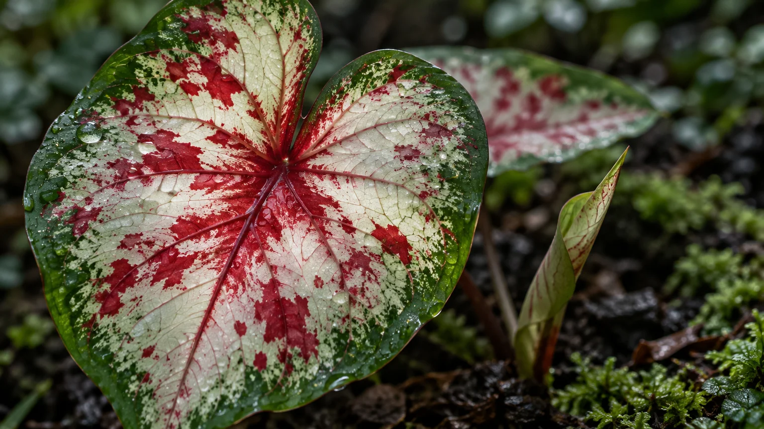 Close-up of a heart-shaped caladium leaf with red splashes, white center, green edges, and water droplets in soil.