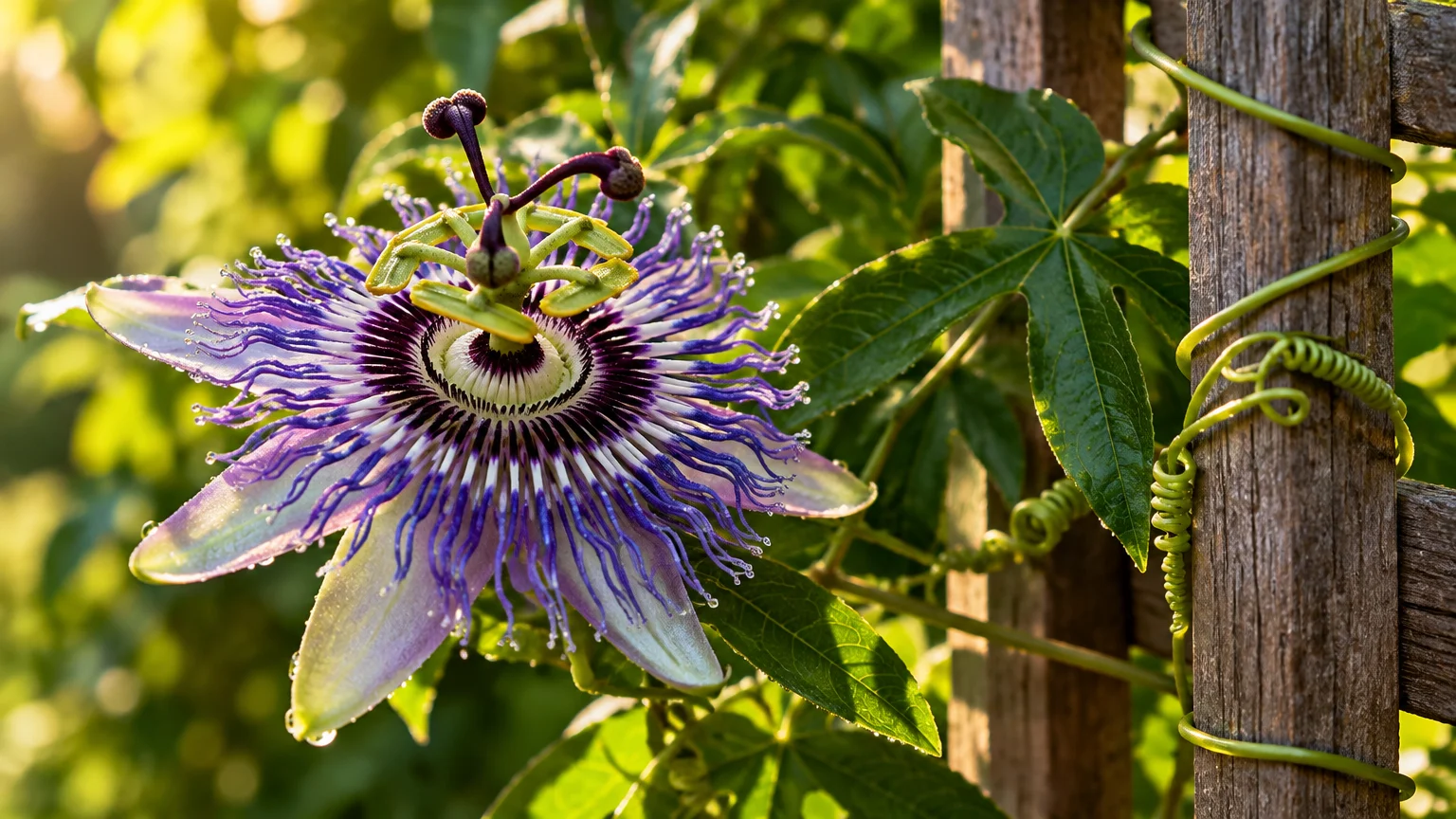 Purple passionflower bloom and curling green tendrils climbing up a weathered wooden trellis in sunlight.