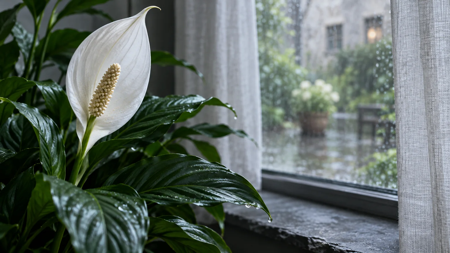 Blooming white peace lily with glossy green leaves beside a rainy window framed by sheer curtains.