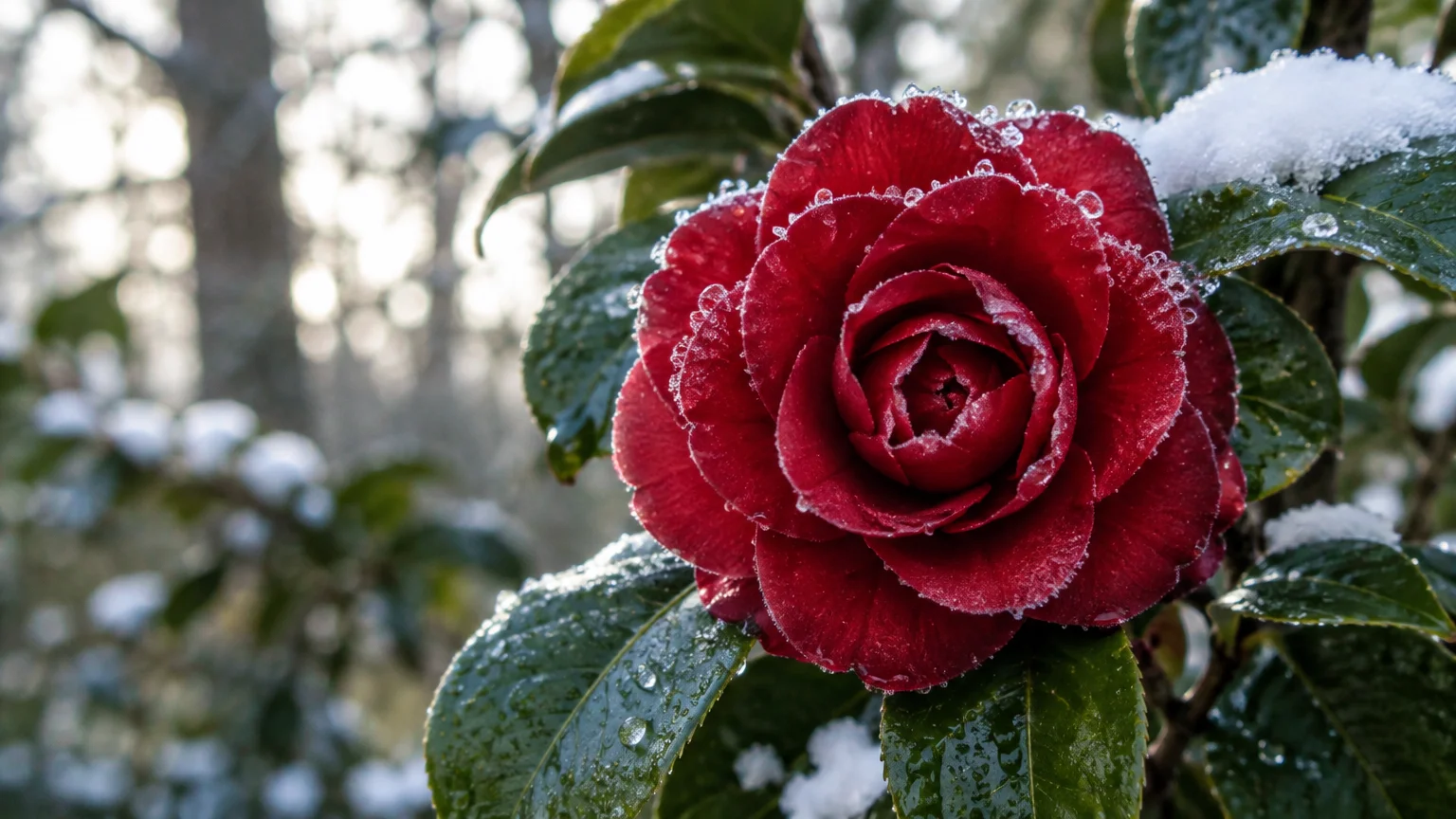 Close-up of a deep red camellia blossom and green leaves edged with frost and snow droplets outdoors.