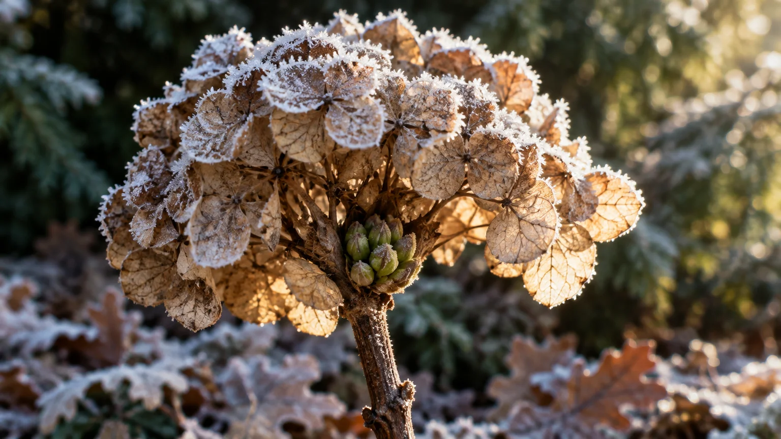 Frost-covered dried hydrangea bloom sheltering small green buds on a stem above frozen leaves.
