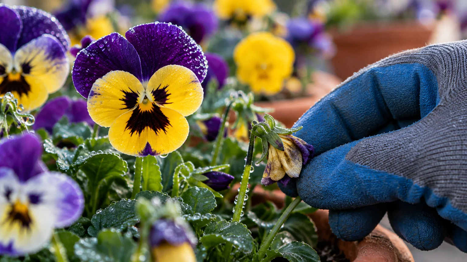 A gloved hand plucks a wilting purple and yellow flower next to a fresh, dewy pansy blossom.