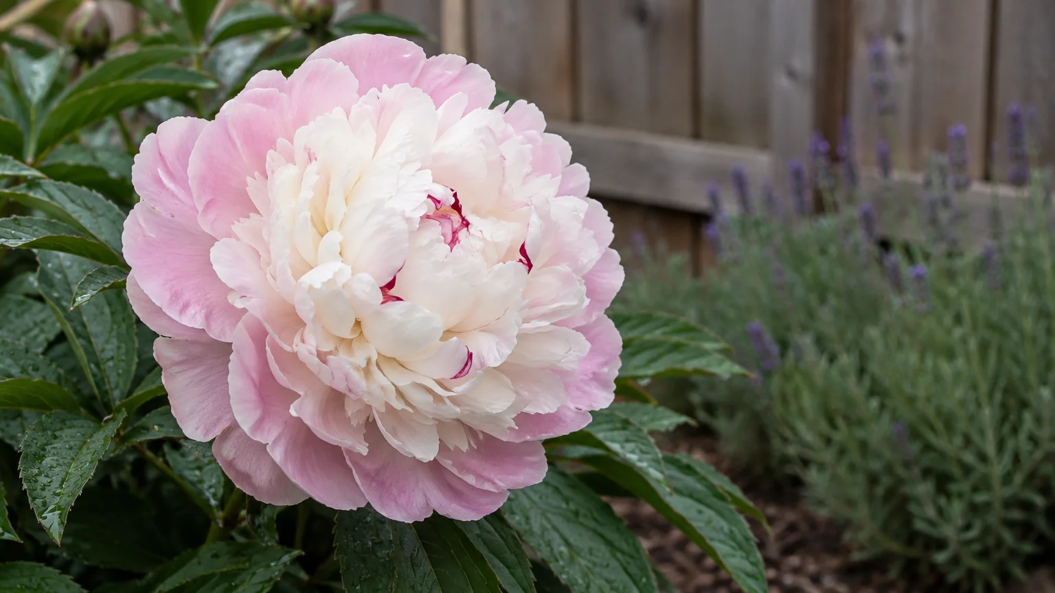 Large ruffled peony with pale pink outer petals, a creamy white center, and crimson flecks blooming by a wooden fence.