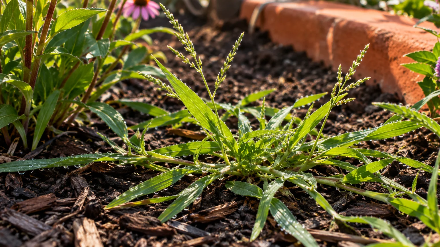 Close-up of a sprawling crabgrass weed with dew-covered blades and seed heads growing in mulched garden soil.