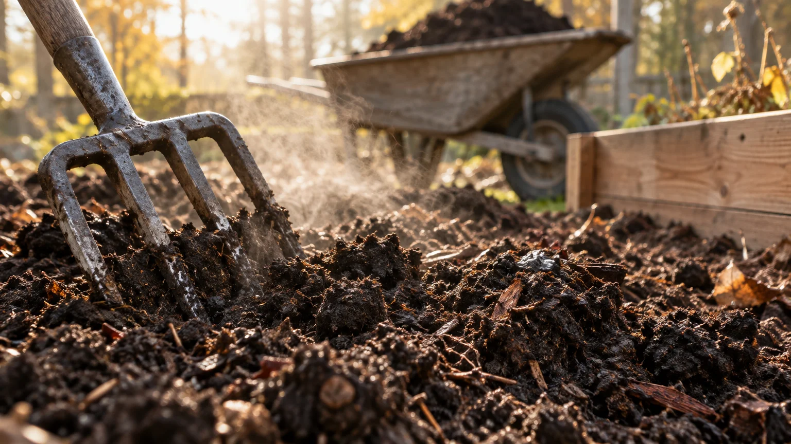 Garden fork resting in steaming dark compost in a raised bed, with a loaded wooden wheelbarrow in the background.