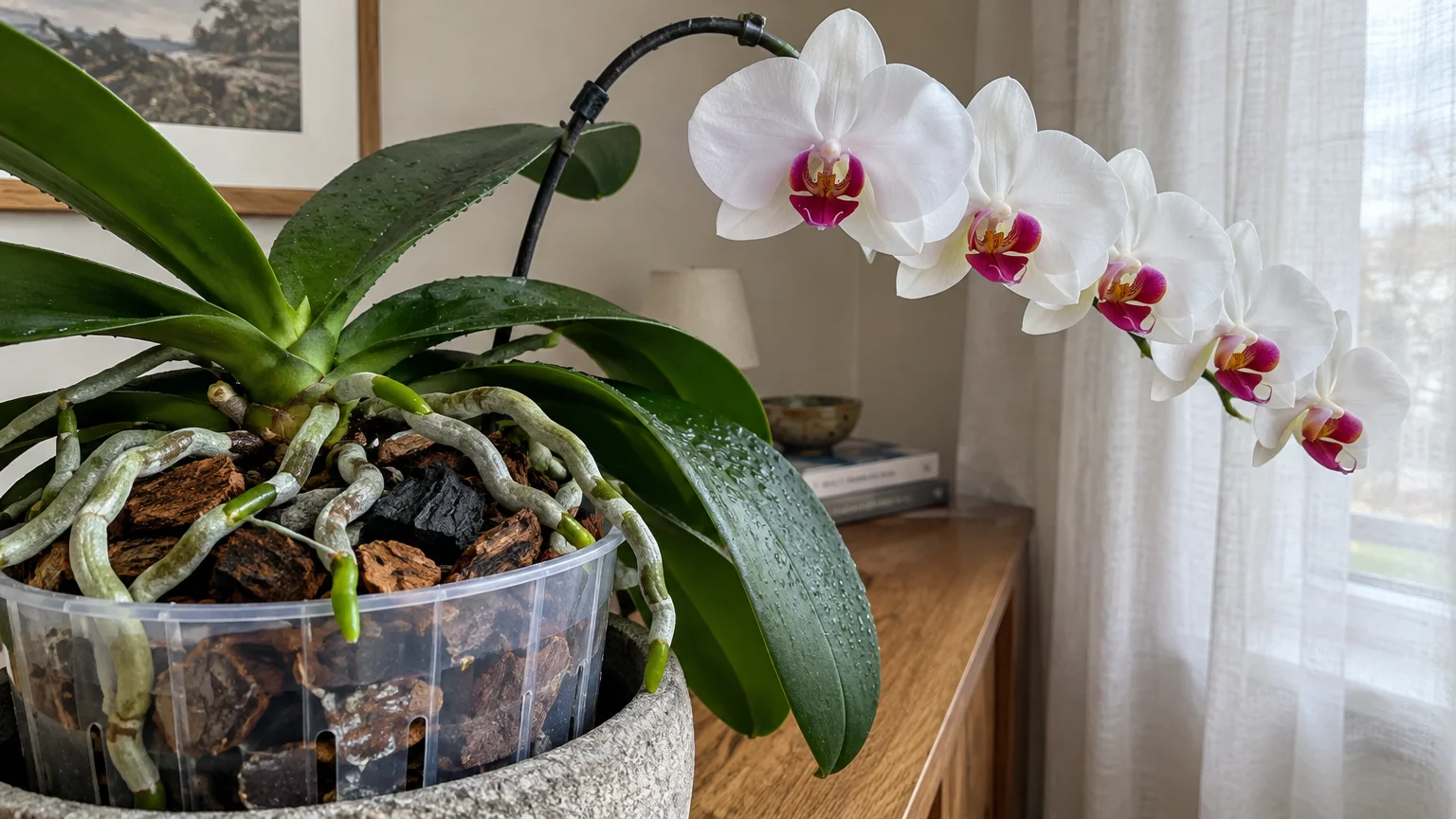 Potted moth orchid with white and magenta flowers arching from a clear pot filled with bark and visible roots.