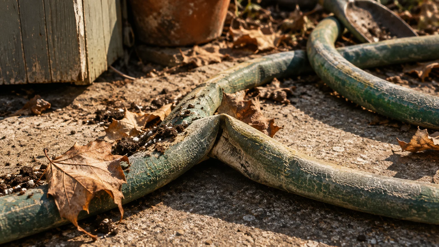 Old, cracked, and flattened green garden hose kinked on a concrete patio covered with dry leaves.