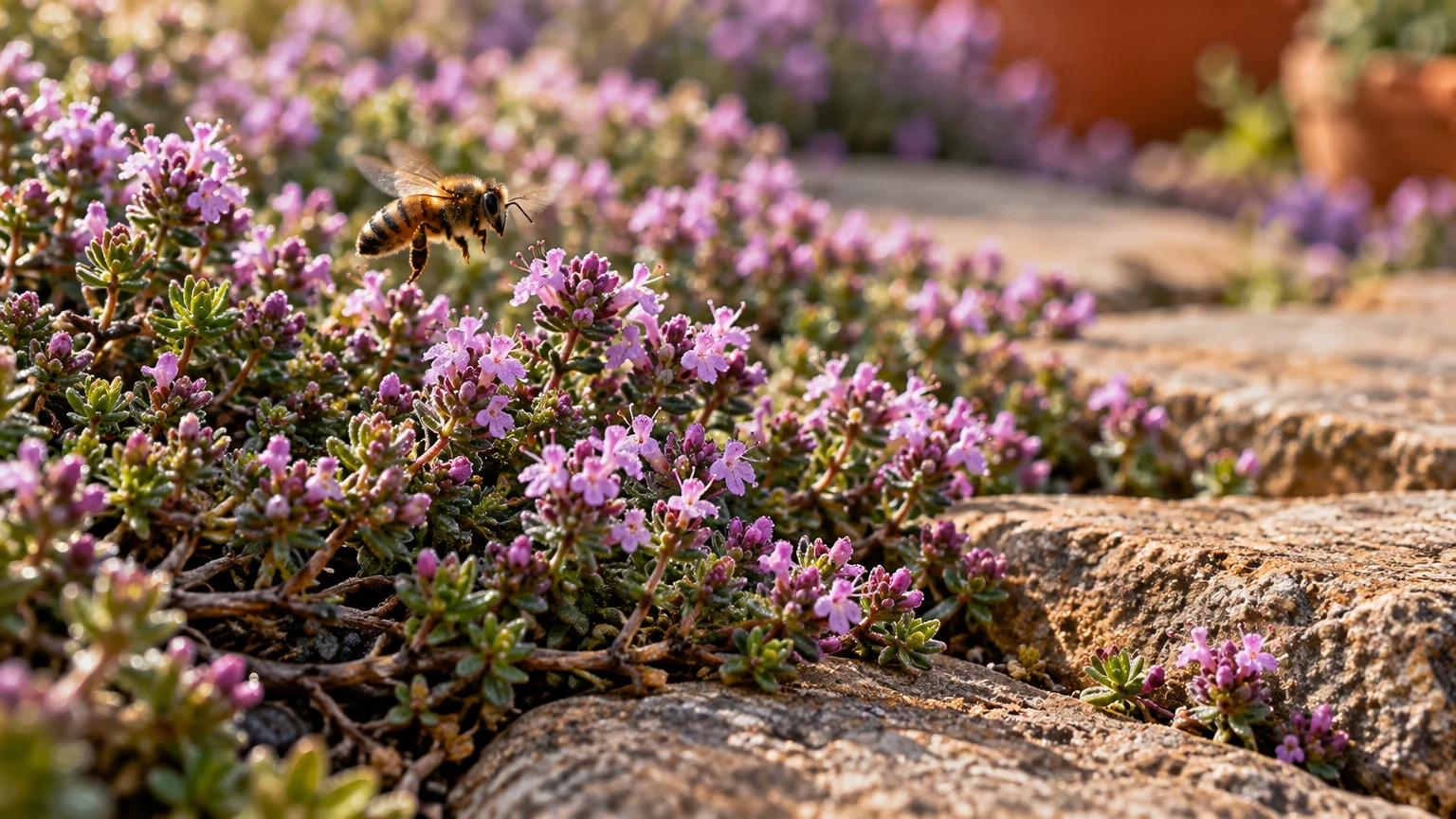 A honeybee in flight pollinates blooming purple creeping thyme growing over stone pavers.