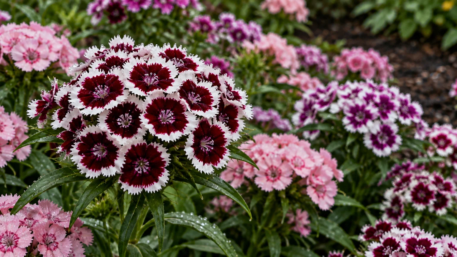 Close-up of a rounded cluster of bicolored maroon and white fringed flowers surrounded by pink blooms.