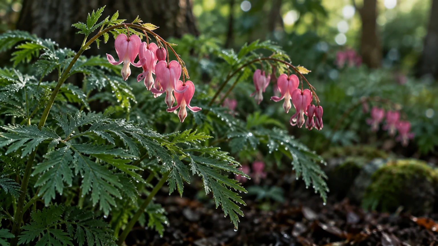 Pink heart-shaped flowers dangle on arching stems over dew-covered green ferny foliage in a woodland setting.