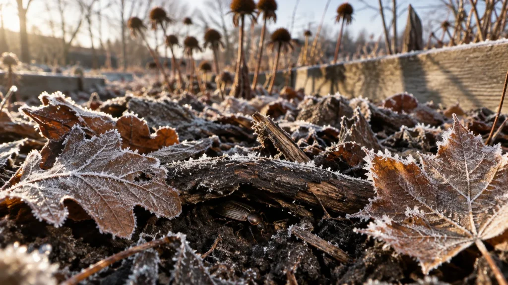 A dark beetle shelters under frosty mulch and fallen autumn leaves on frozen soil in a winter garden.