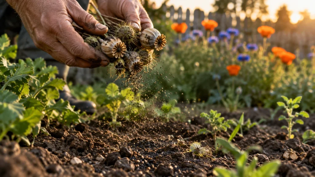 Hands scattering tiny black seeds from dried poppy pods over garden soil in front of blooming flowers.