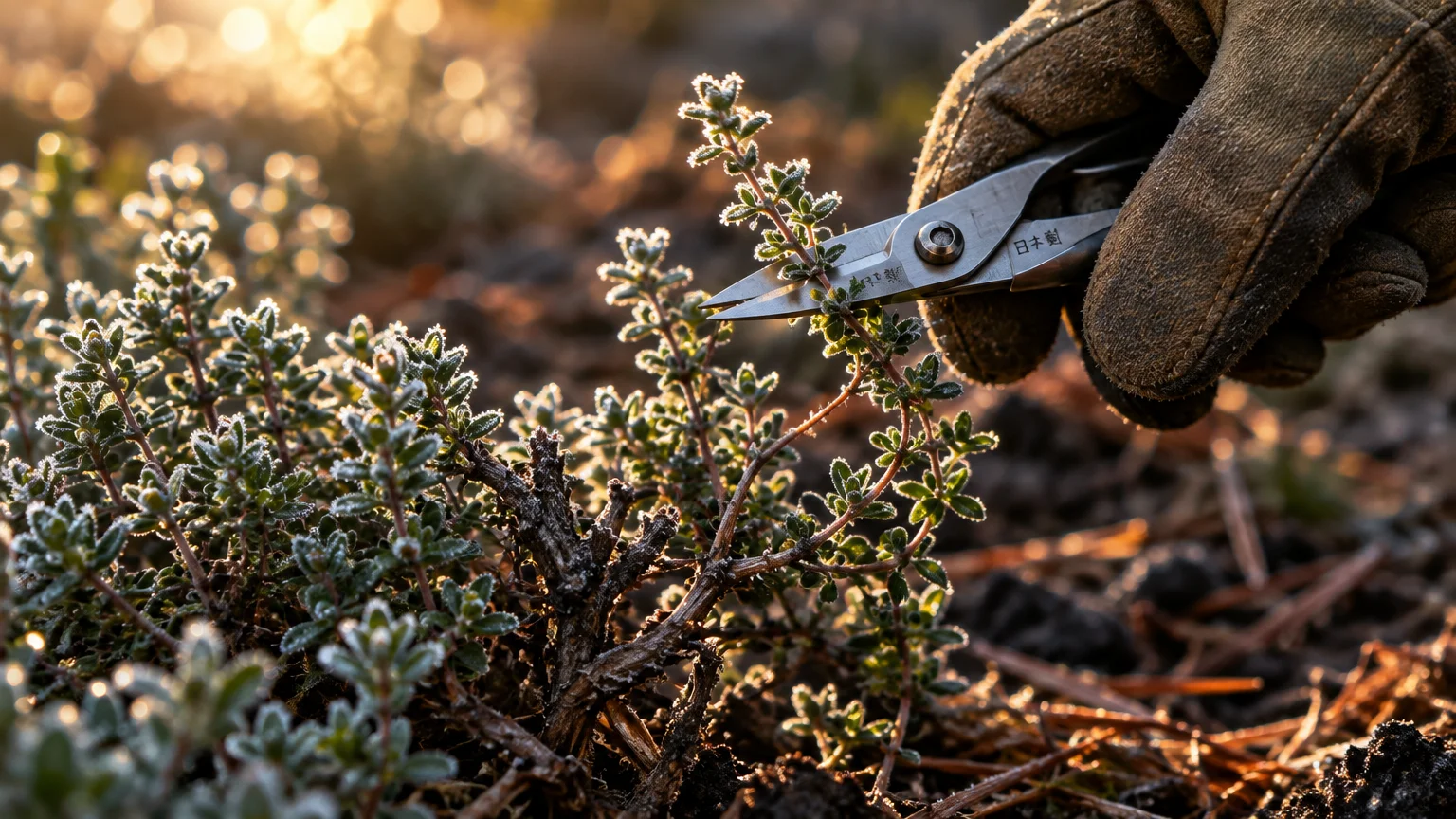 A gloved hand cuts a frost-tipped thyme sprig with metal shears in warm outdoor light.