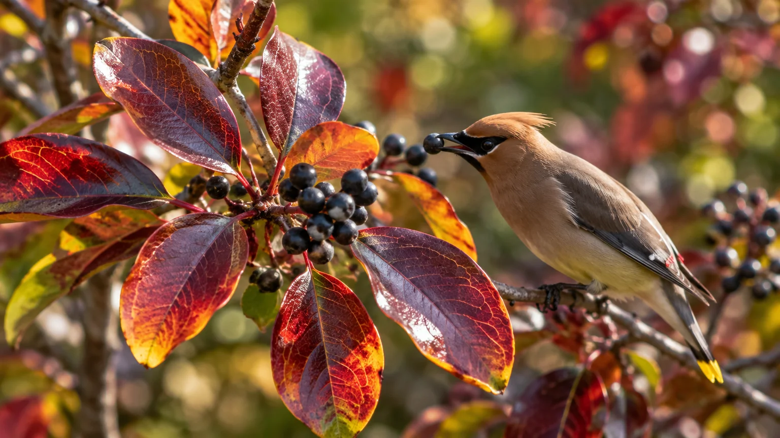 A cedar waxwing perched on a branch holds a dark berry in its beak amid reddish-purple autumn leaves.