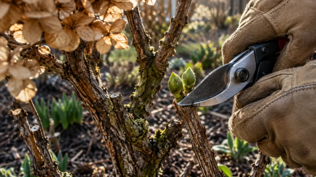 Gloved hands cutting a woody hydrangea branch with pruning shears right below emerging green buds.