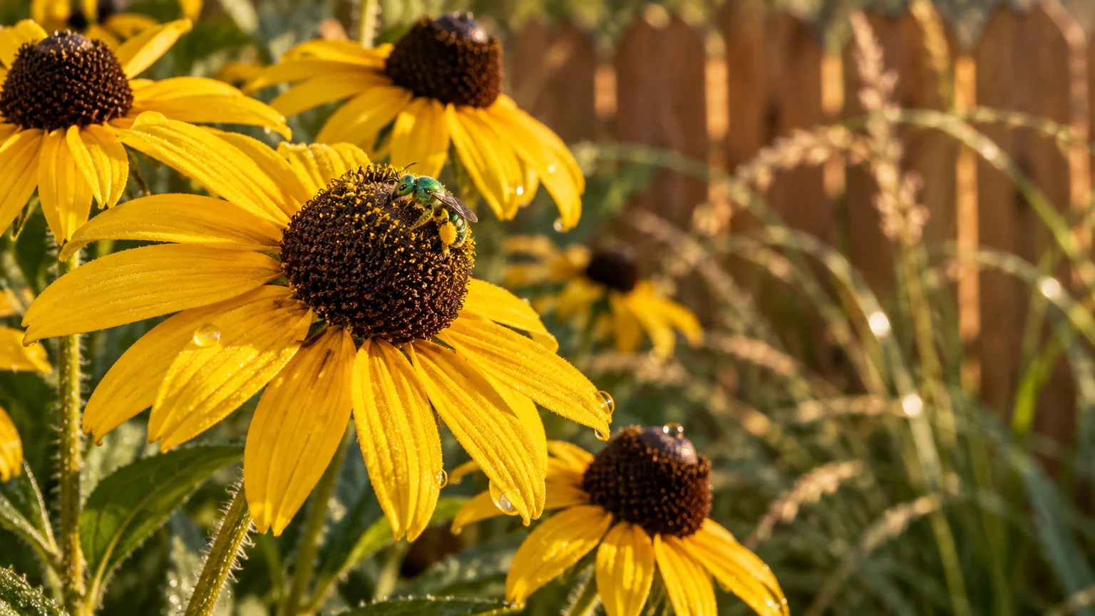 Close-up of a bright green sweat bee foraging on a yellow black-eyed Susan flower covered in morning dew.