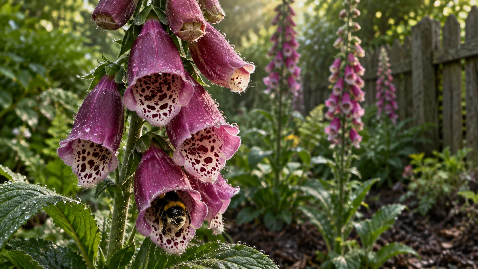 Purple foxglove blossoms covered in water droplets with a bumblebee inside a flower, near a wooden garden fence.