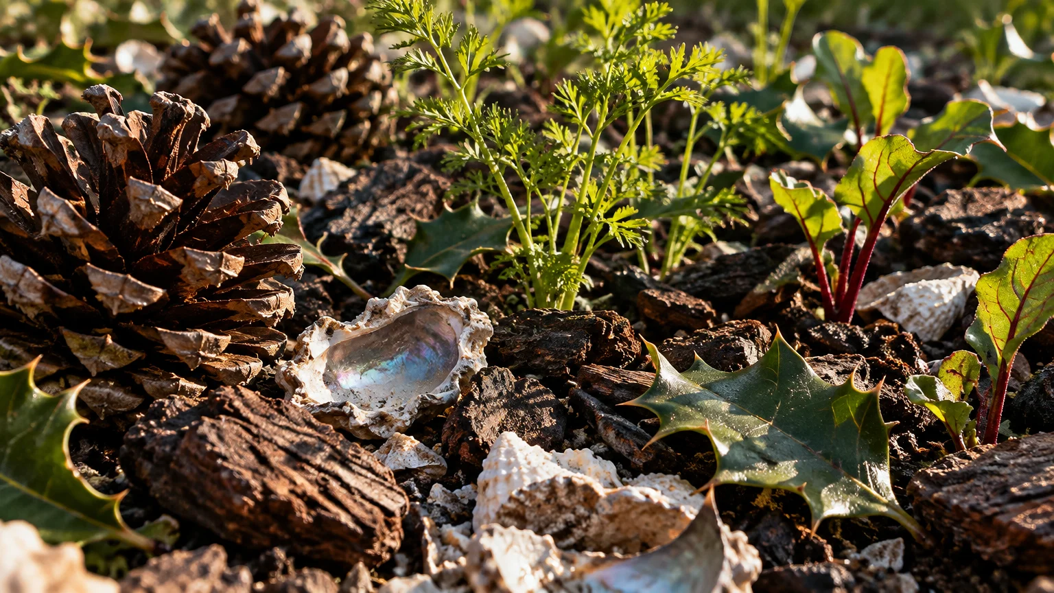 Garden bed covered with pine cones, broken sea shells, holly leaves, and coarse wood bark around young plants.