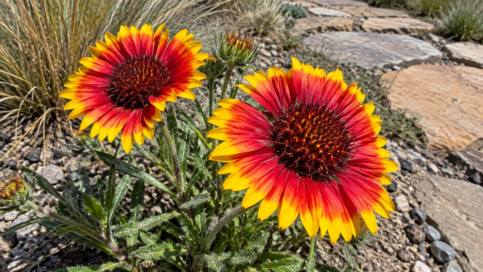 Close-up of two blanket flowers with red petals tipped in bright yellow growing in gravel beside a stone garden path.