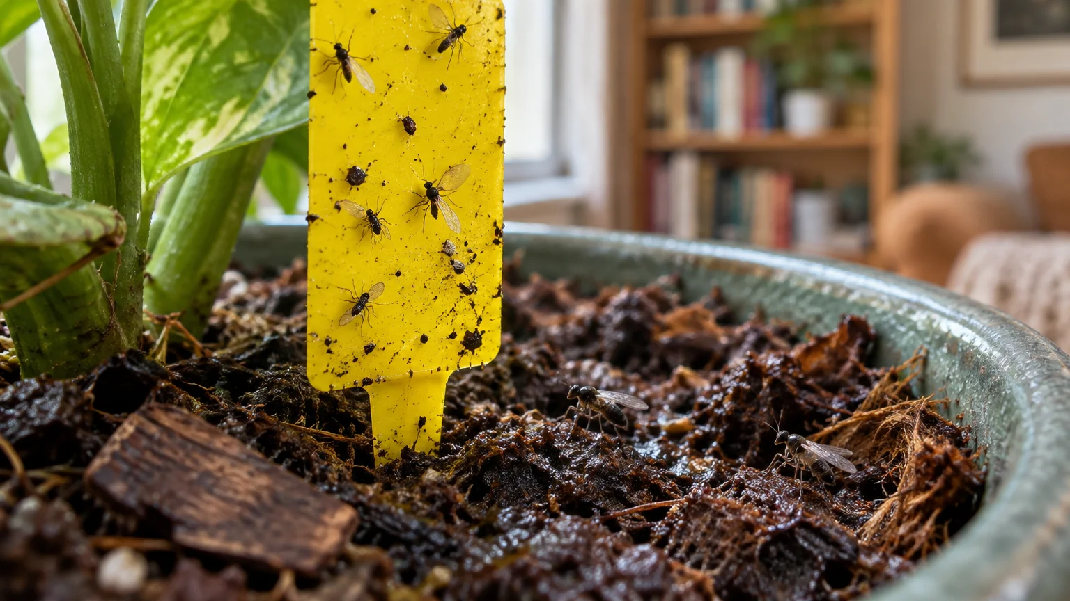 Yellow sticky insect trap covered in small black gnats standing in damp potting soil inside a plant container.